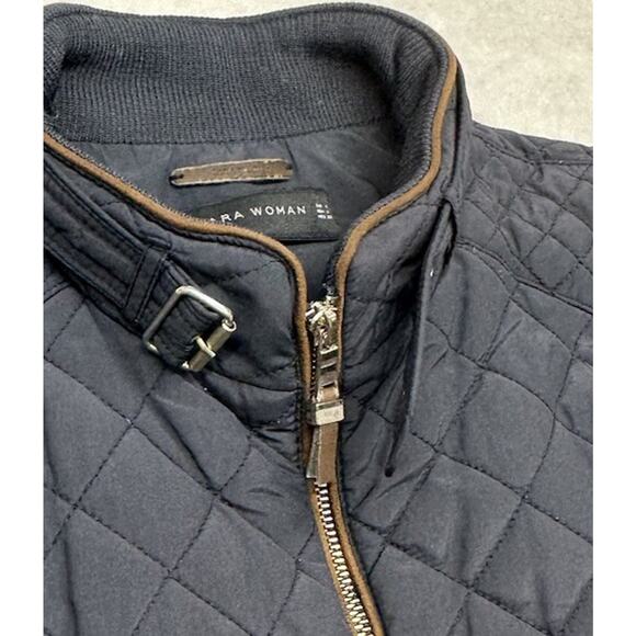 Zara Womens Quilted Vest Size Large Navy Blue Full Zip Pockets Mock Buckle Neck - Picture 7 of 7